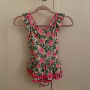 Tropical Floral Girls Swimsuit with Pom-Pom Trim